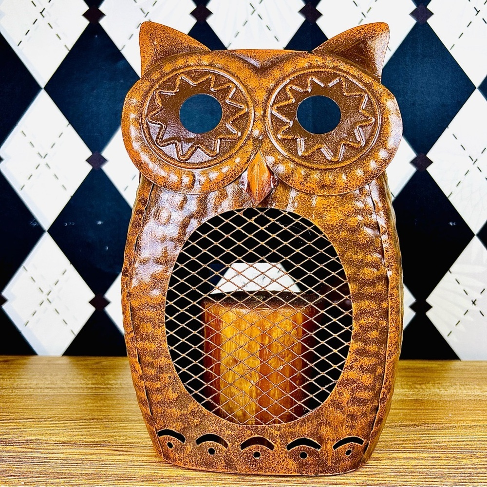 Large Owl‎ Candle Lantern Metal Vintage Sculptural Candle Holder Décor